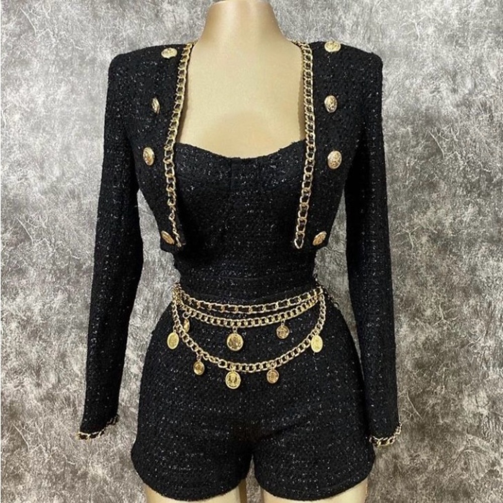Black Gold-Embellished Tweed Set